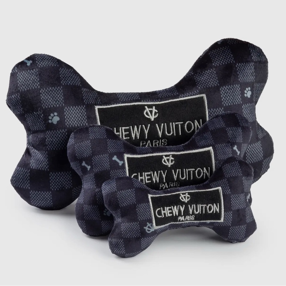 BLACK CHECKER CHEWY VUITON BONE SQUEAKER DOG TOY